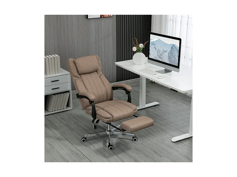 Ergonomische bureaustoel met massagefunctie, verstelbare rugleuning en hoofdsteun, voetensteun, in hoogte verstelbaar, bruine linnen bekleding