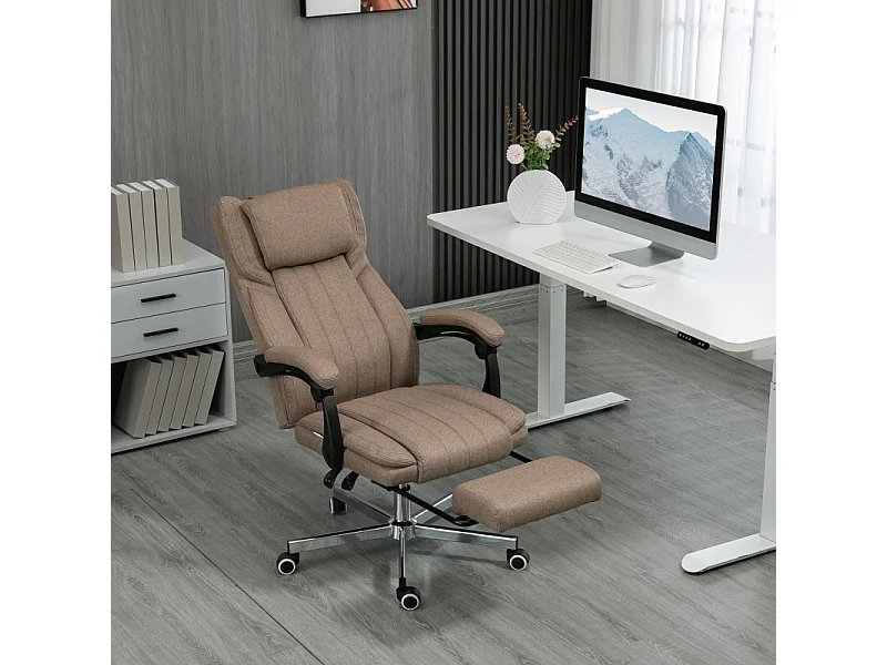 Fauteuil de bureau ergonomique avec fonction massage, dossier et appui-tête réglables, repose-pieds, réglable en hauteur, revêtement lin Marron