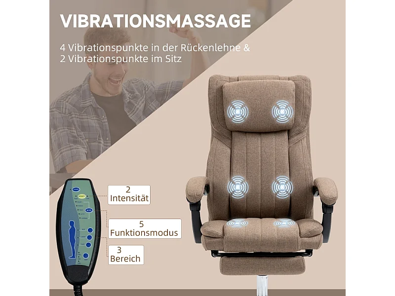 Fauteuil de bureau ergonomique avec fonction massage, dossier et appui-tête réglables, repose-pieds, réglable en hauteur, revêtement lin Marron