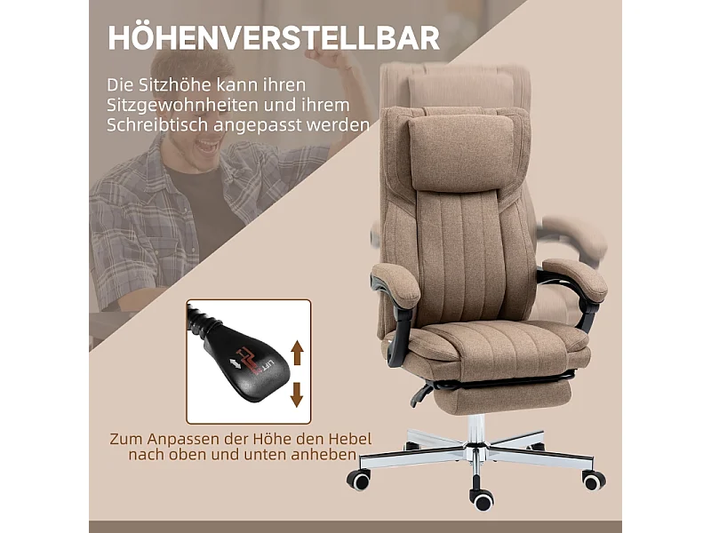 Fauteuil de bureau ergonomique avec fonction massage, dossier et appui-tête réglables, repose-pieds, réglable en hauteur, revêtement lin Marron