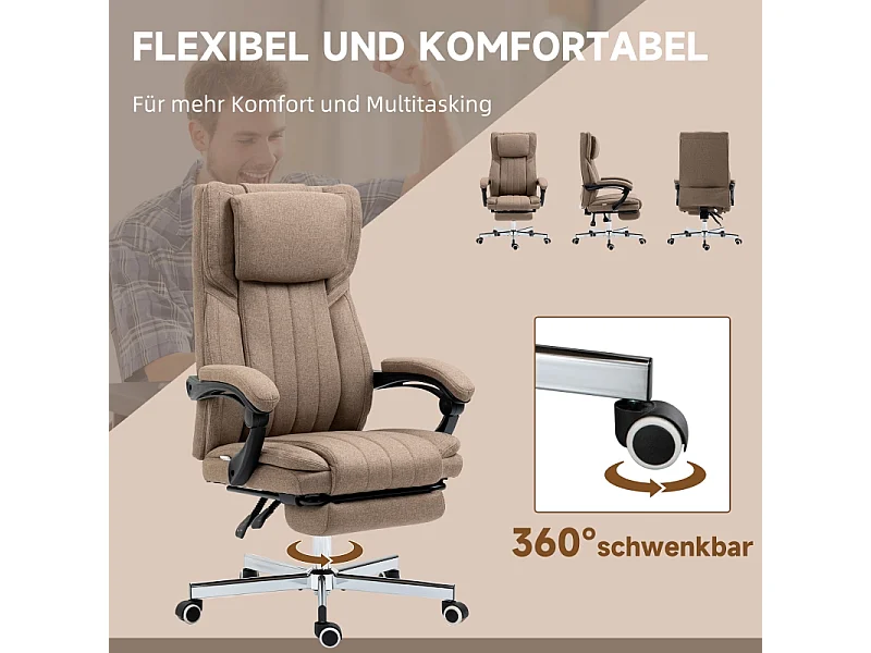 Fauteuil de bureau ergonomique avec fonction massage, dossier et appui-tête réglables, repose-pieds, réglable en hauteur, revêtement lin Marron