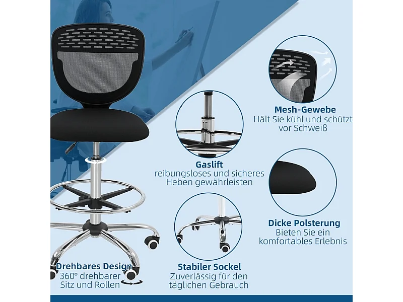 Chaise de bureau, siège de travail et chaise de bureau, réglable en hauteur, rembourrée , couleur noir, pratique pour home office