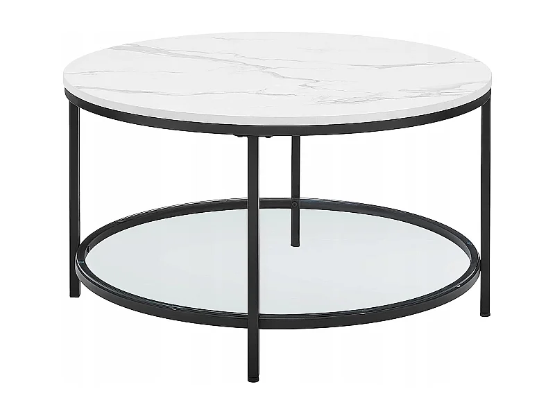 Okrągły stolik kawowy Valora w kolorze białego marmuru ze szklaną półką