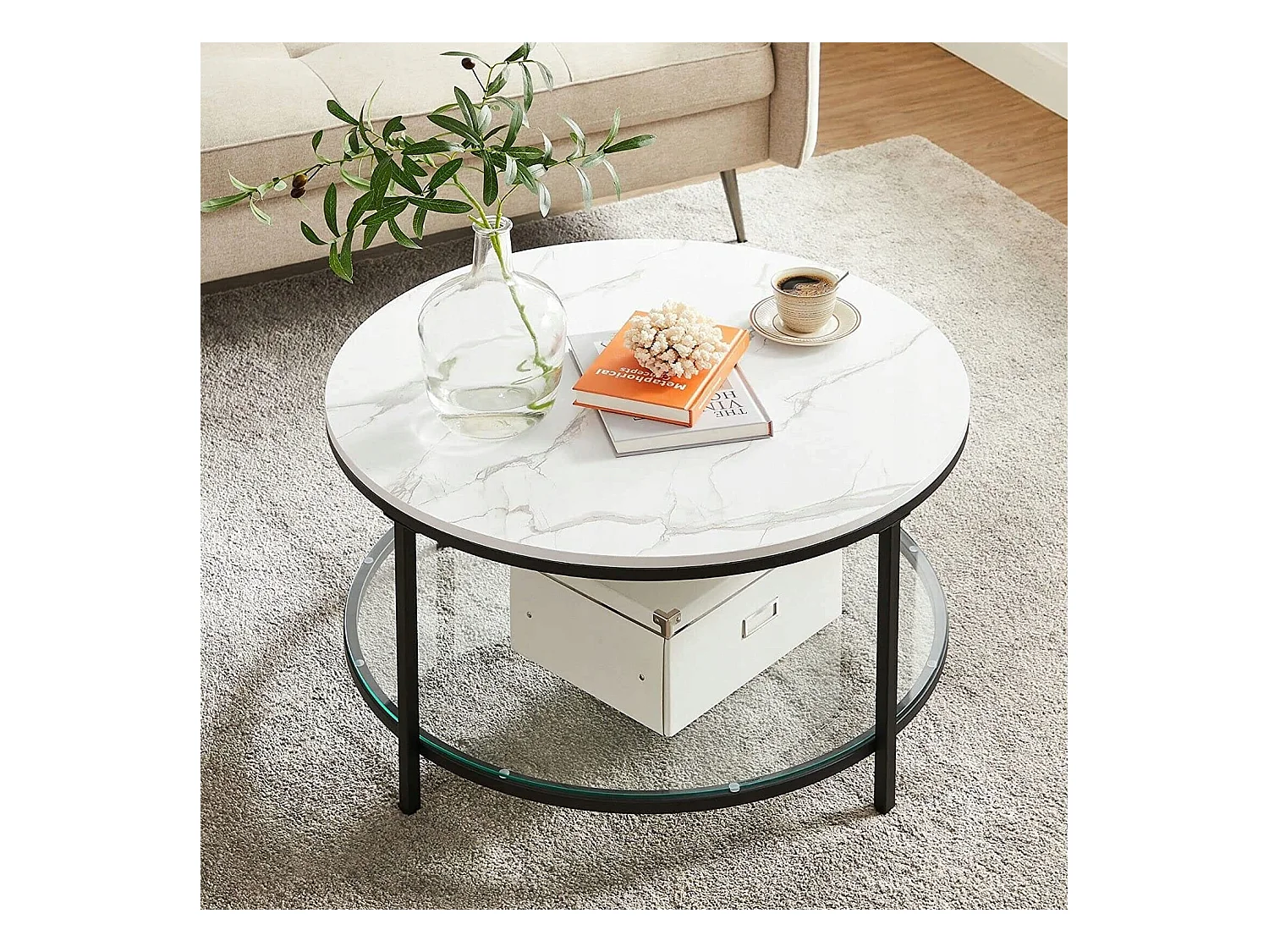 Table basse ronde Valora en marbre blanc avec étagère en verre