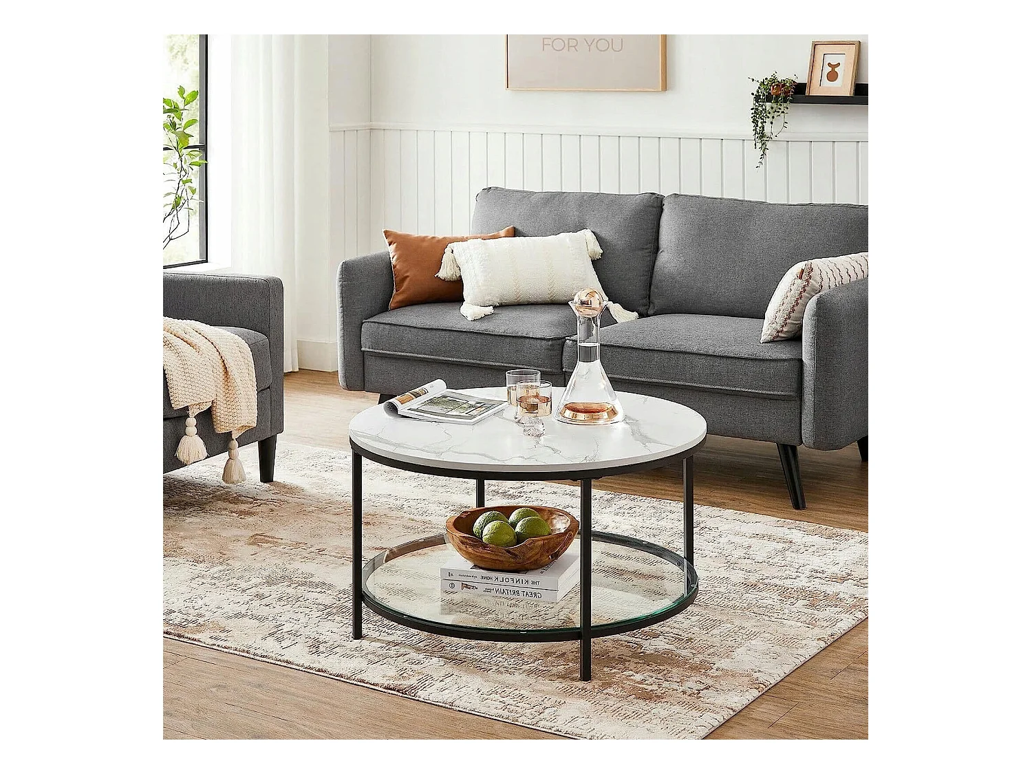 Table basse ronde Valora en marbre blanc avec étagère en verre