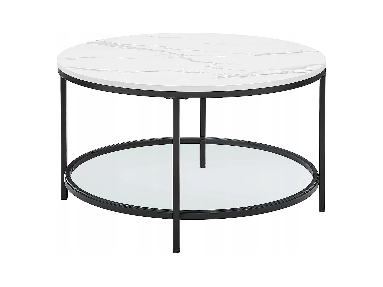 Mesa de centro redonda Valora com design em mármore branco e prateleira de vidro