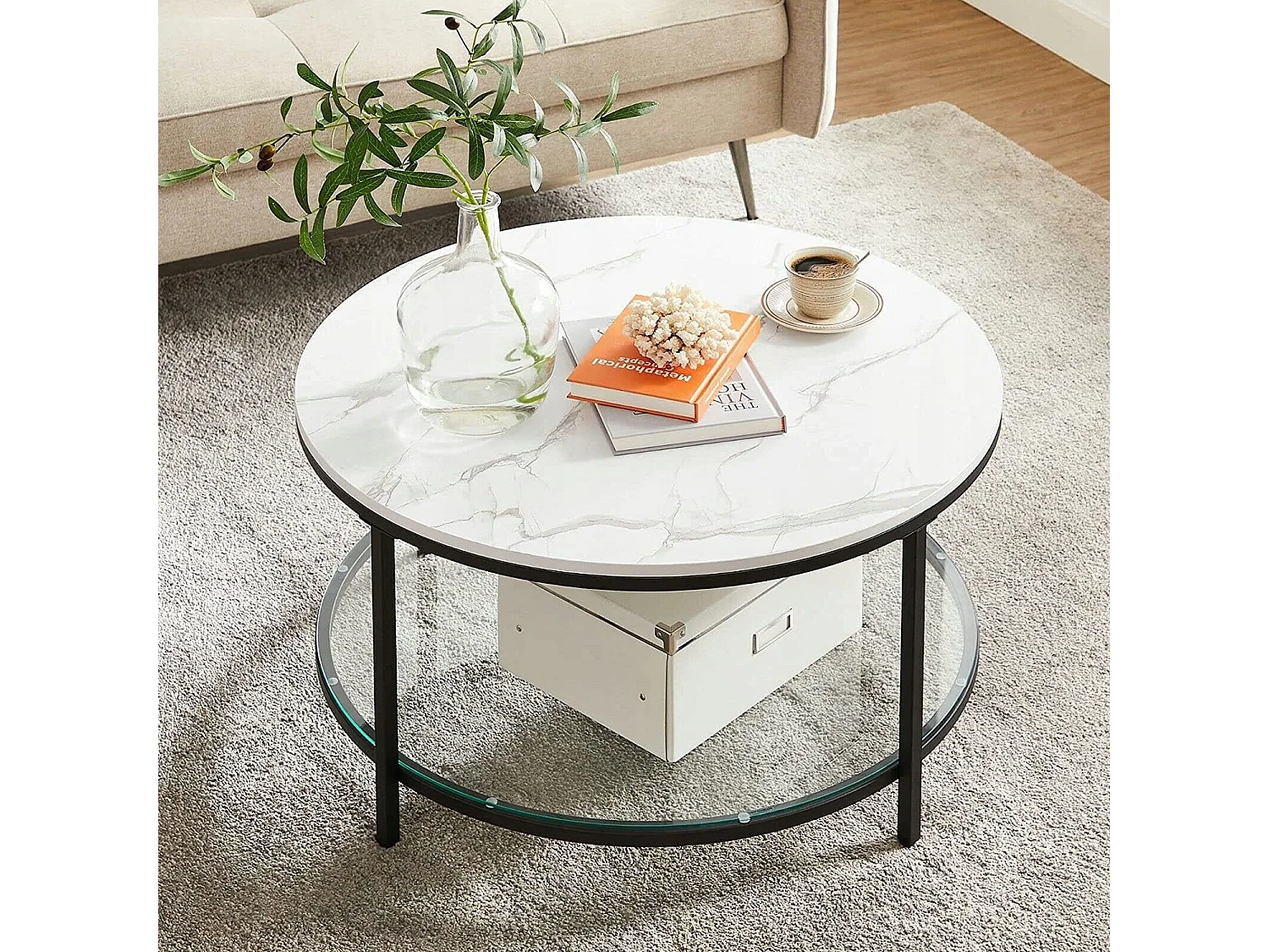 Table basse ronde Valora en marbre blanc avec étagère en verre