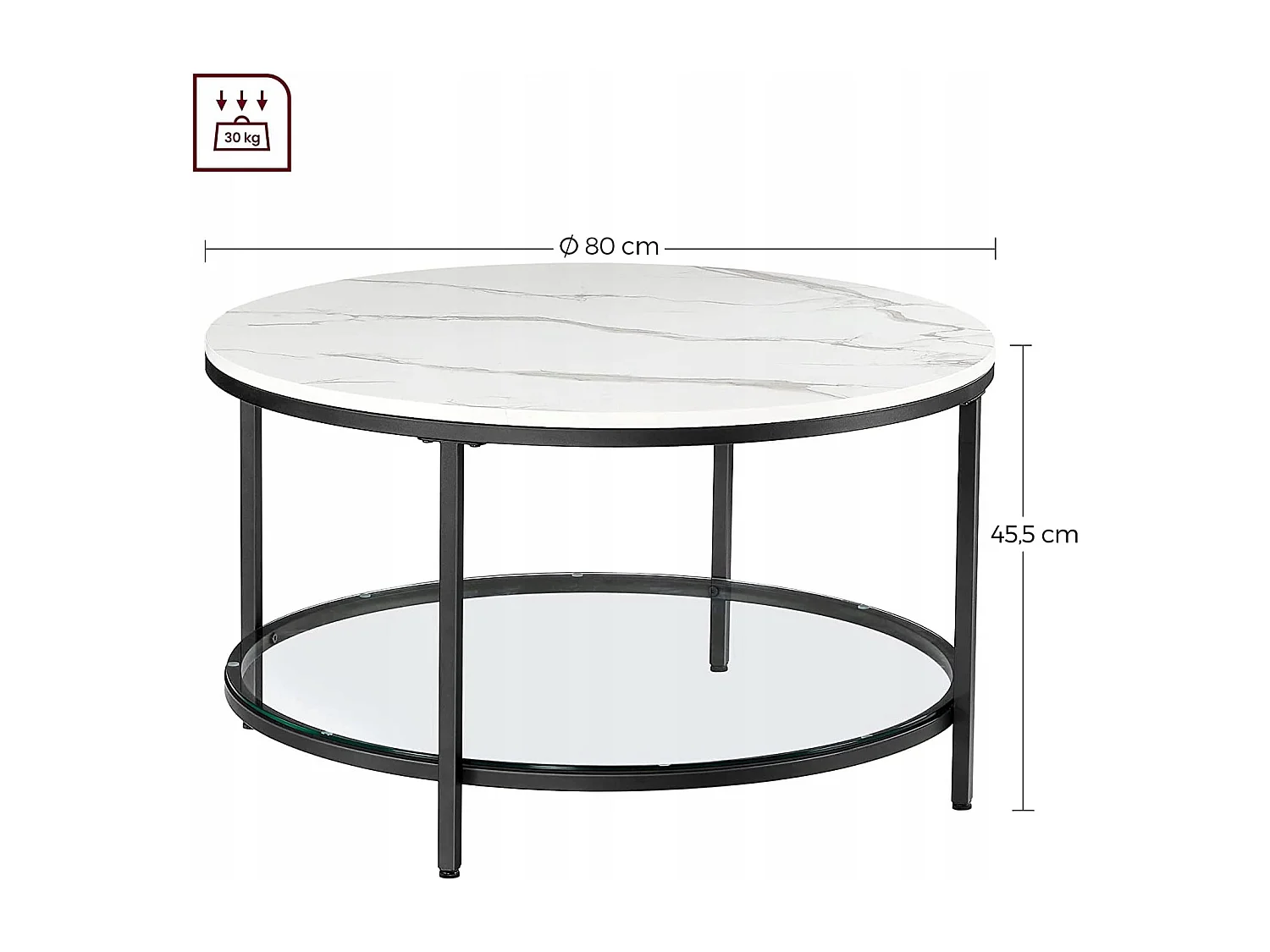 Table basse ronde Valora en marbre blanc avec étagère en verre