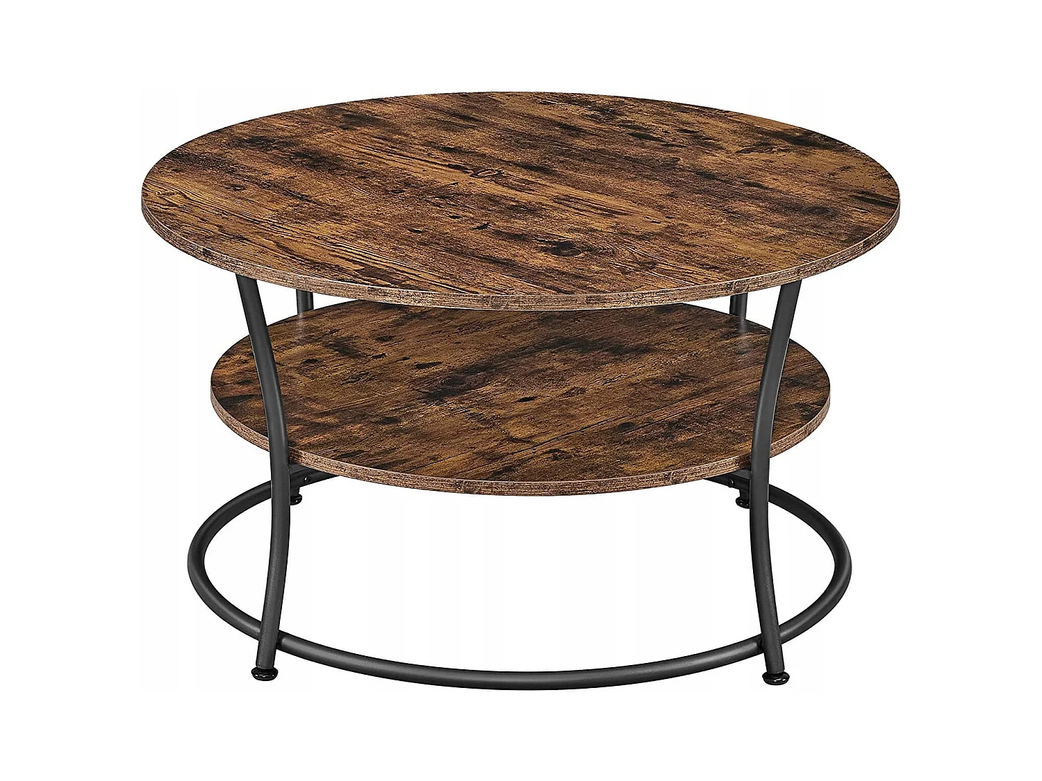 Table basse ronde Valora de style loft rustique marron avec étagère
