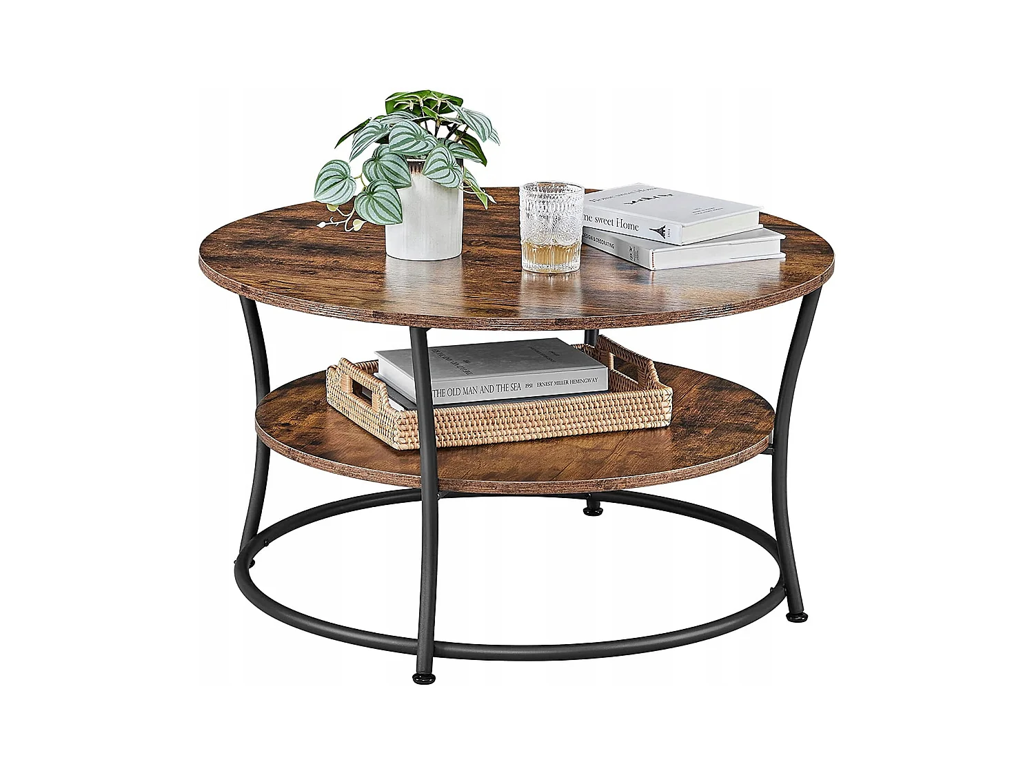 Table basse ronde Valora de style loft rustique marron avec étagère