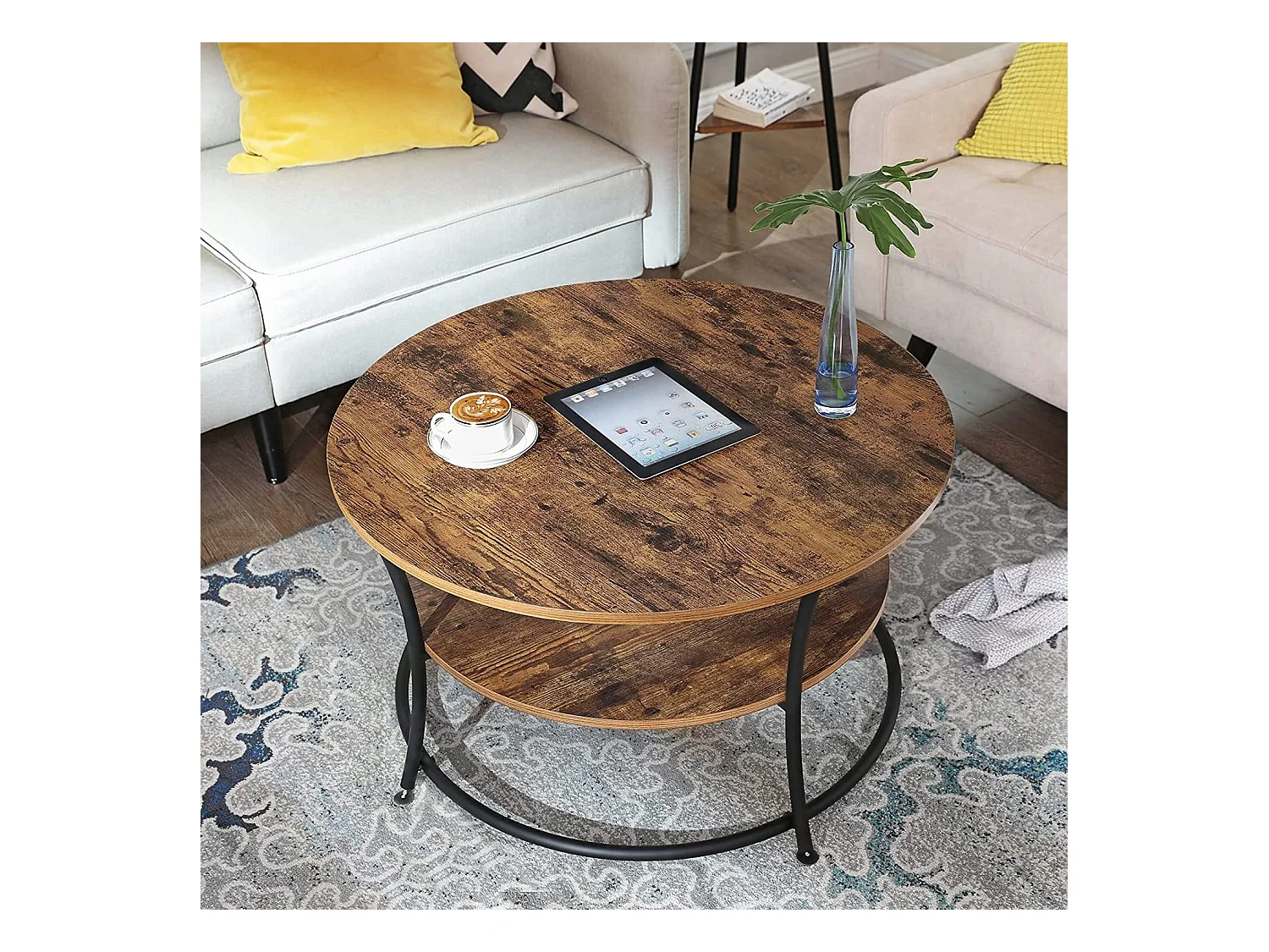 Table basse ronde Valora de style loft rustique marron avec étagère