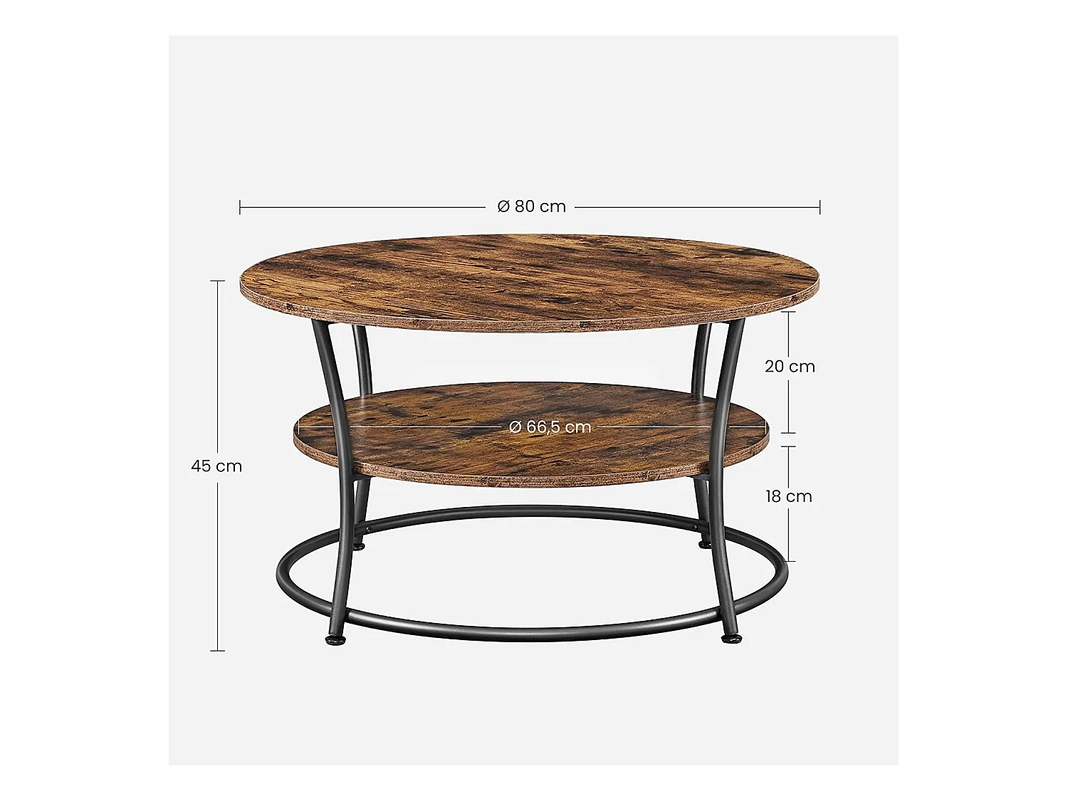 Table basse ronde Valora de style loft rustique marron avec étagère