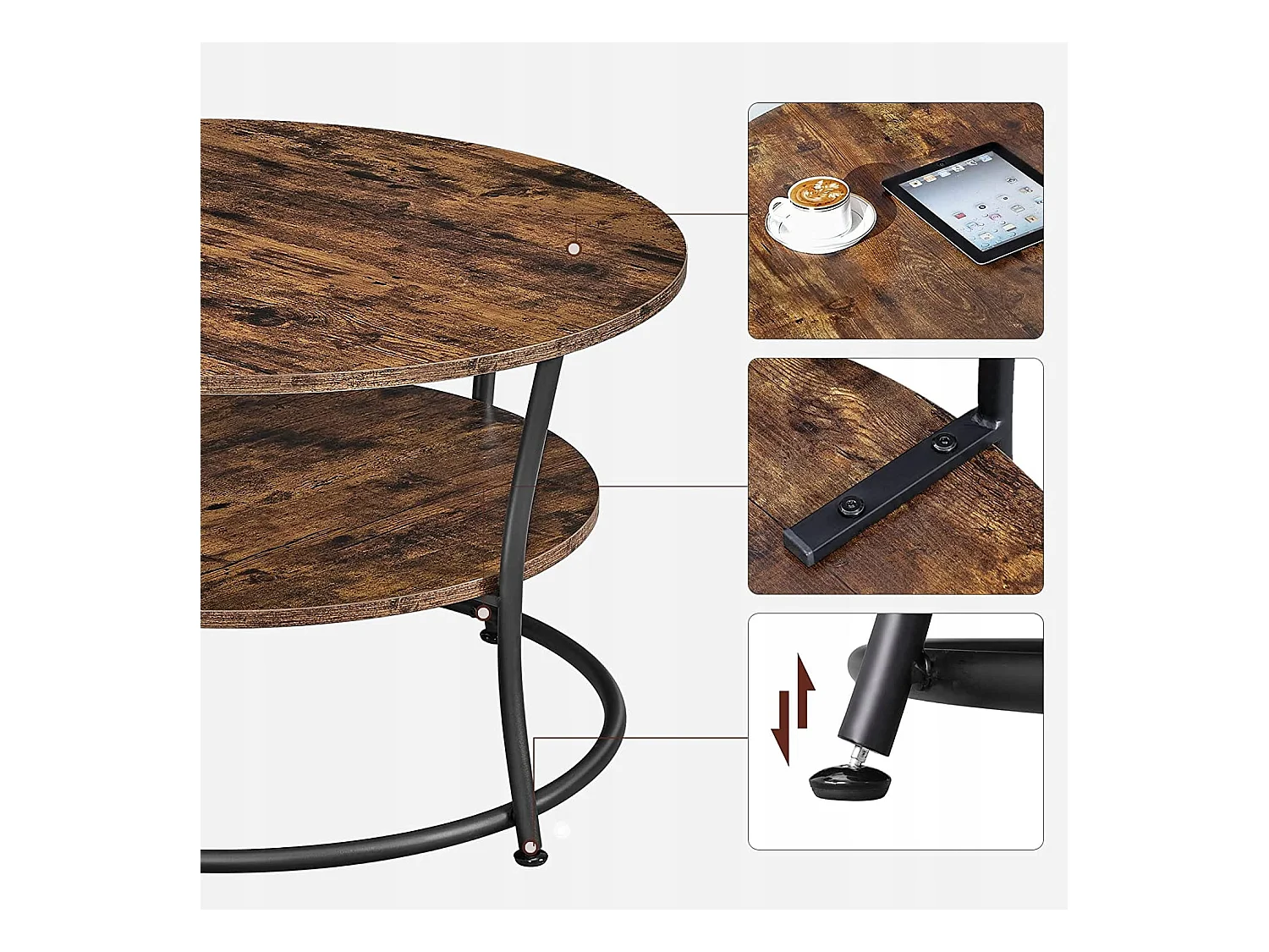 Table basse ronde Valora de style loft rustique marron avec étagère