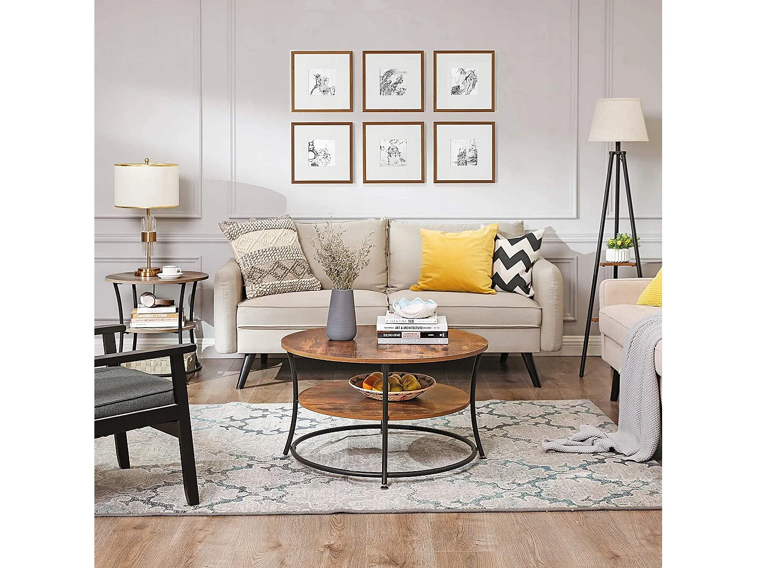 Table basse ronde Valora de style loft rustique marron avec étagère