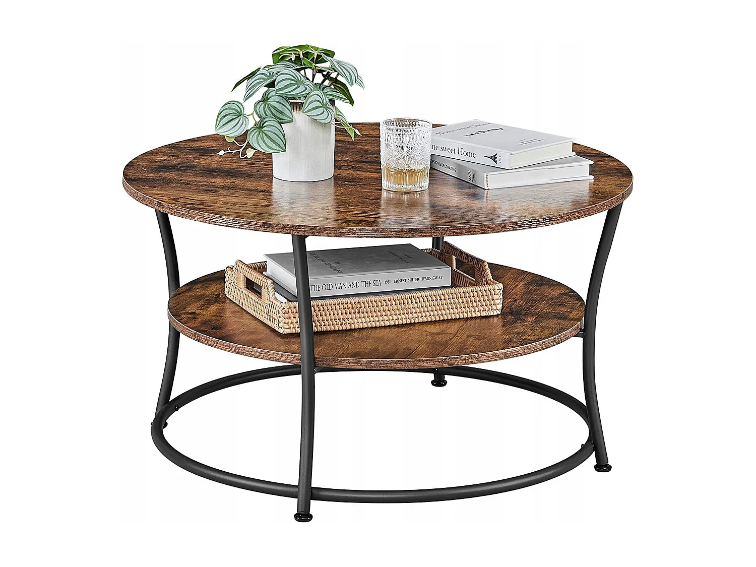 Mesa de centro redonda Valora estilo loft rústico marrón con estante