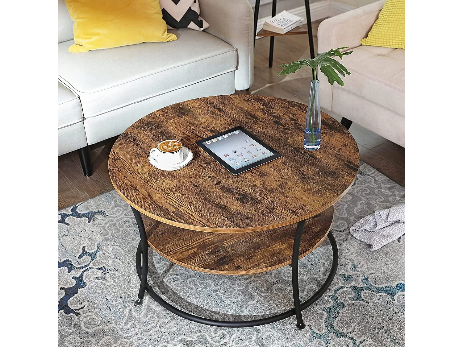 Mesa de centro redonda Valora estilo loft rústico marrón con estante