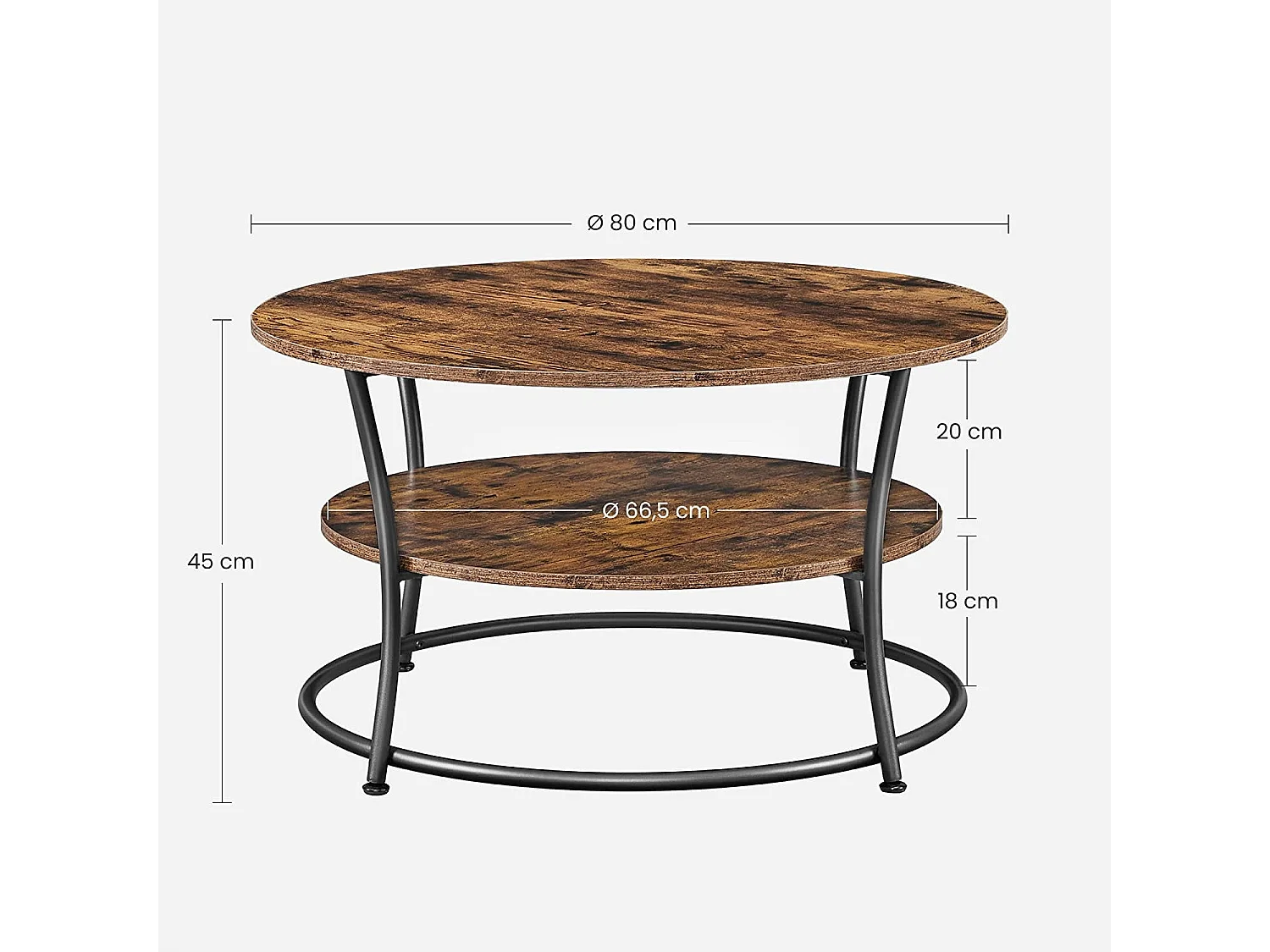 Mesa de centro redonda Valora estilo loft rústico marrón con estante