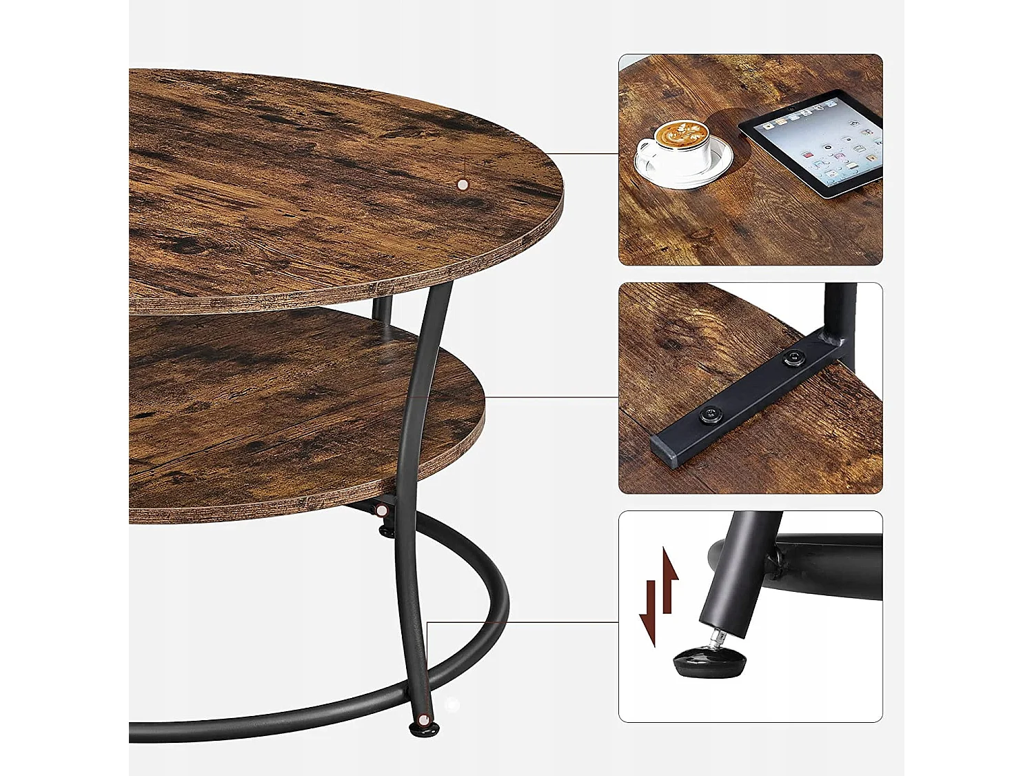 Mesa de centro redonda Valora estilo loft rústico marrón con estante