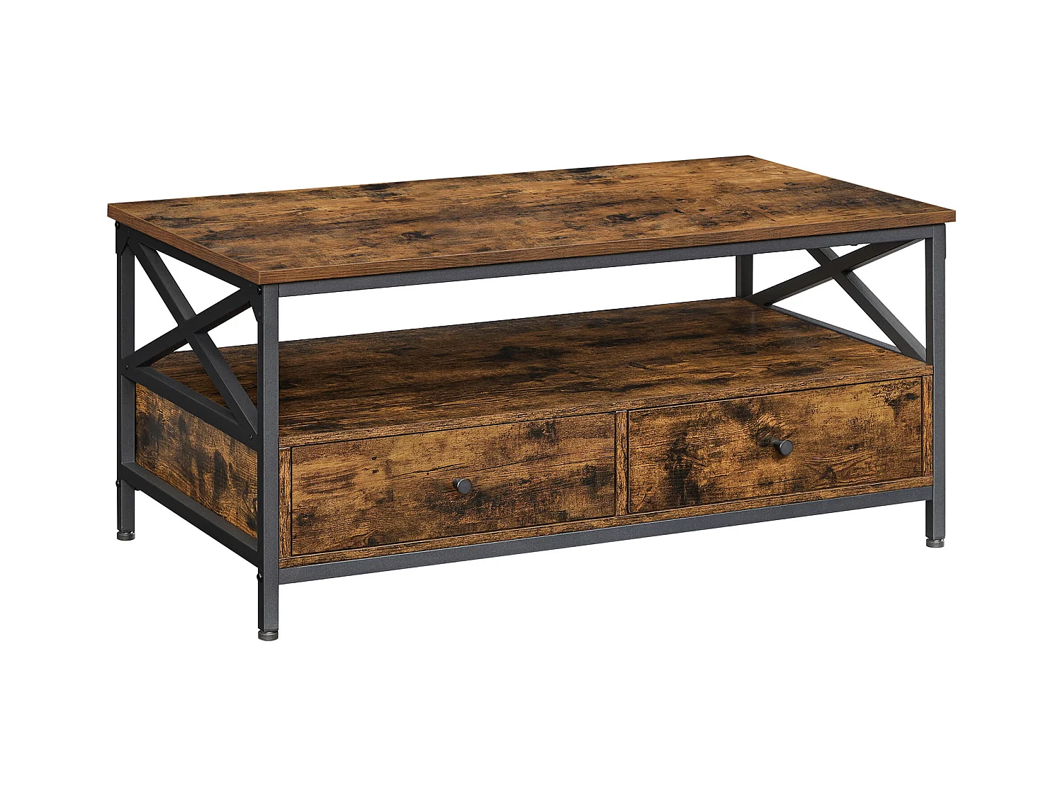 Table basse rustique marron Valora avec tiroirs et étagère pour le salon