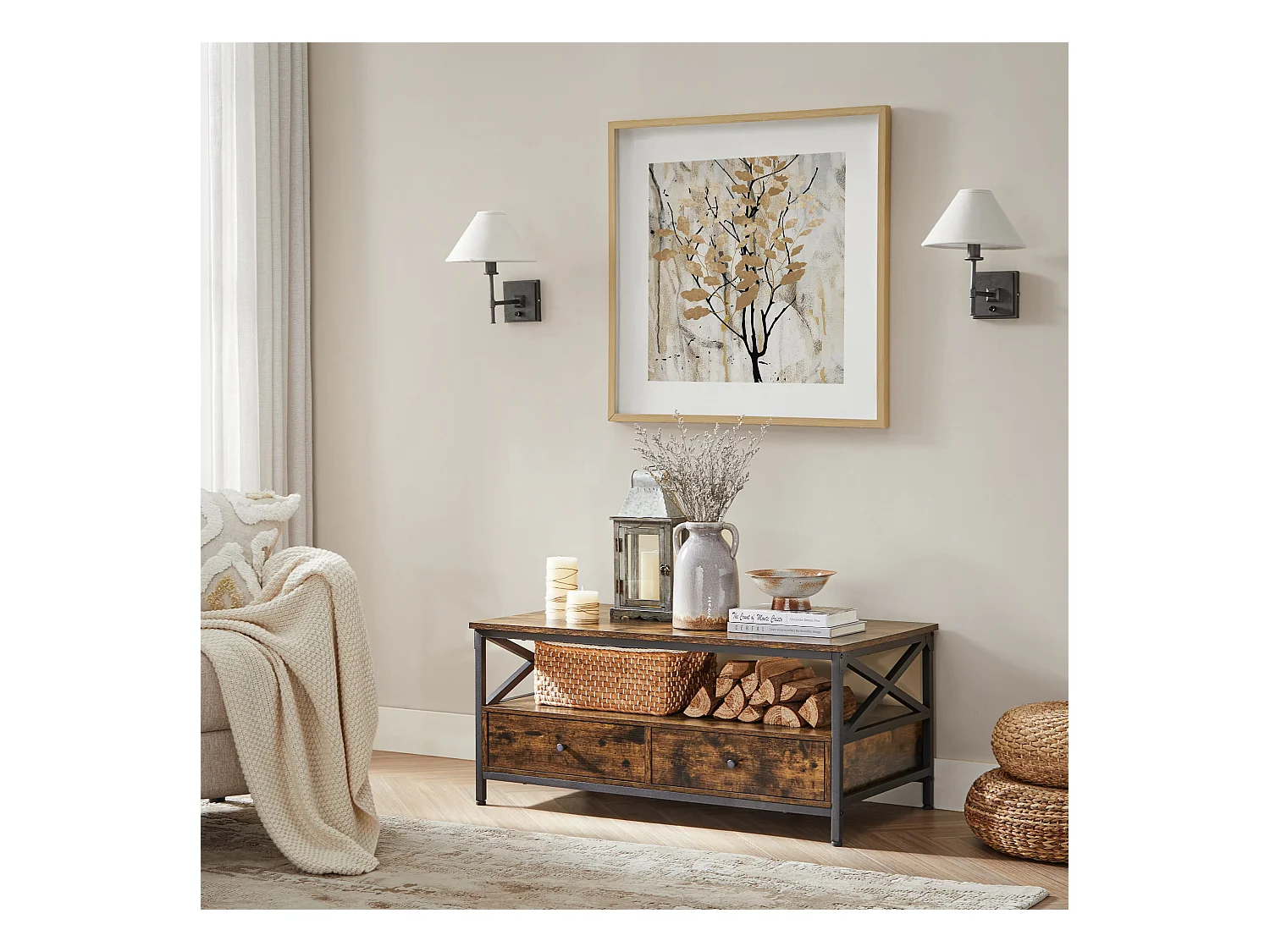 Table basse rustique marron Valora avec tiroirs et étagère pour le salon