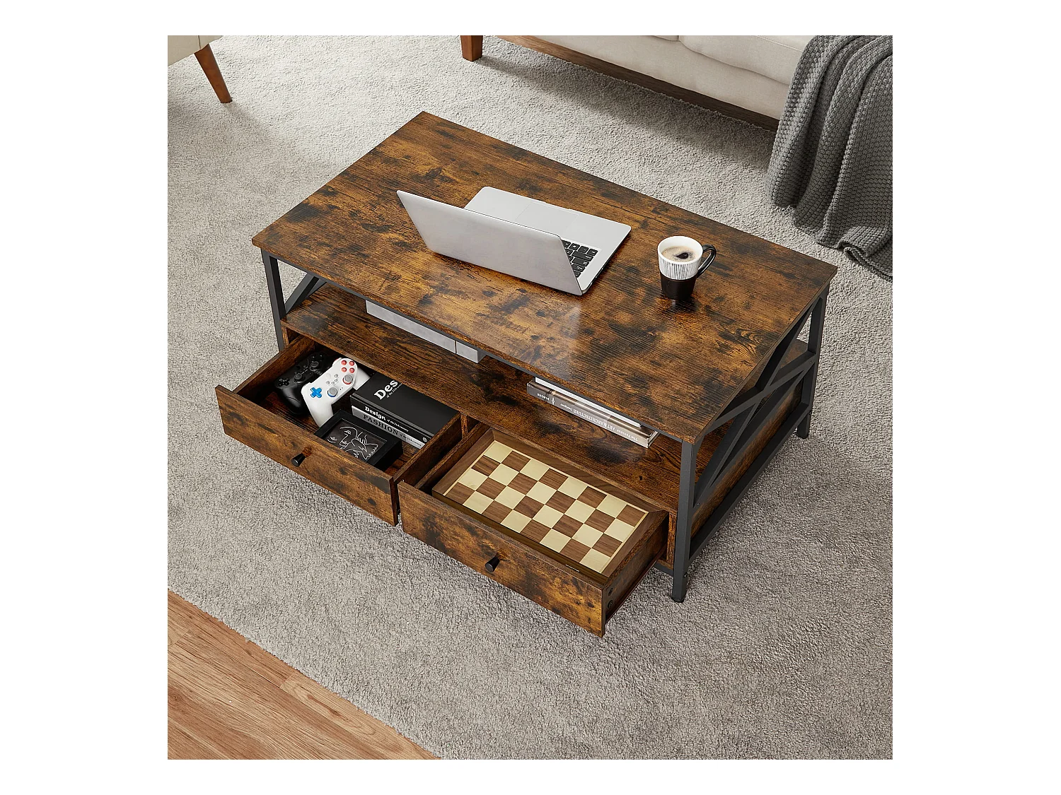 Table basse rustique marron Valora avec tiroirs et étagère pour le salon