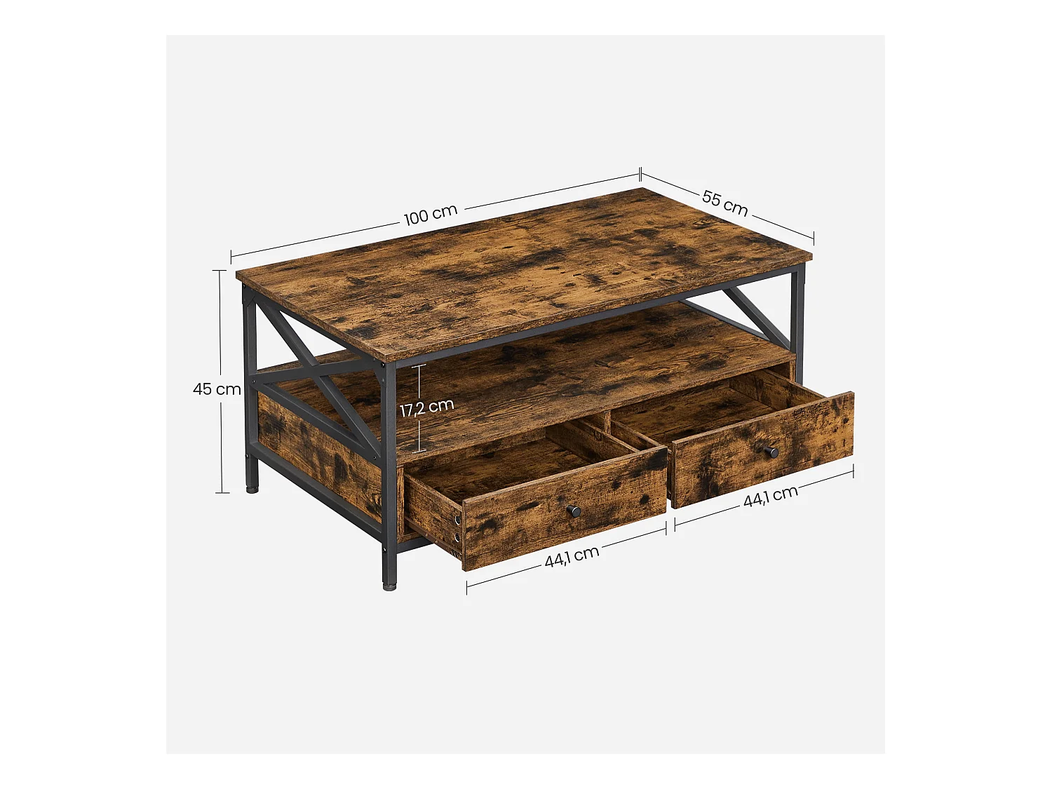 Table basse rustique marron Valora avec tiroirs et étagère pour le salon