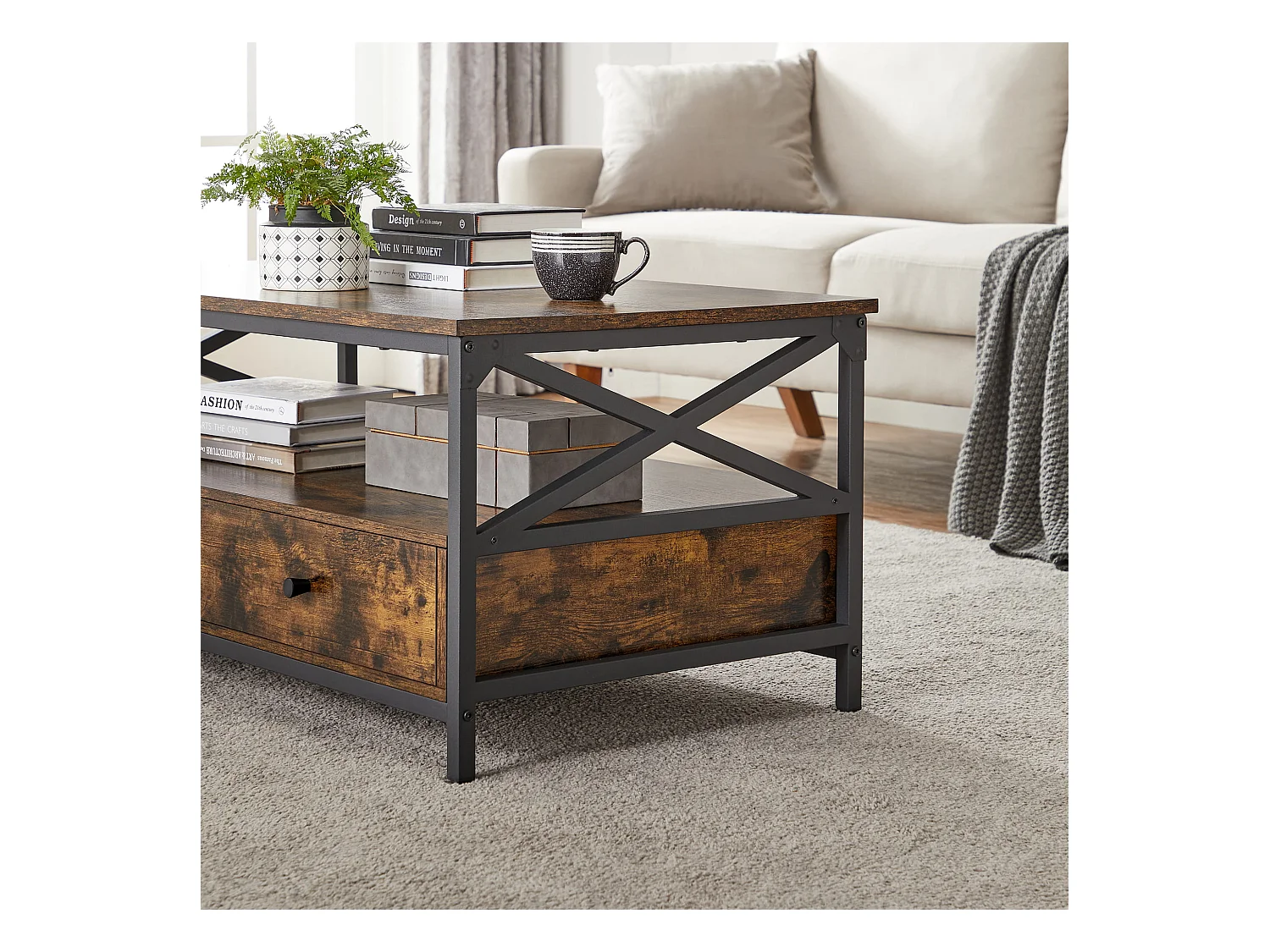 Table basse rustique marron Valora avec tiroirs et étagère pour le salon