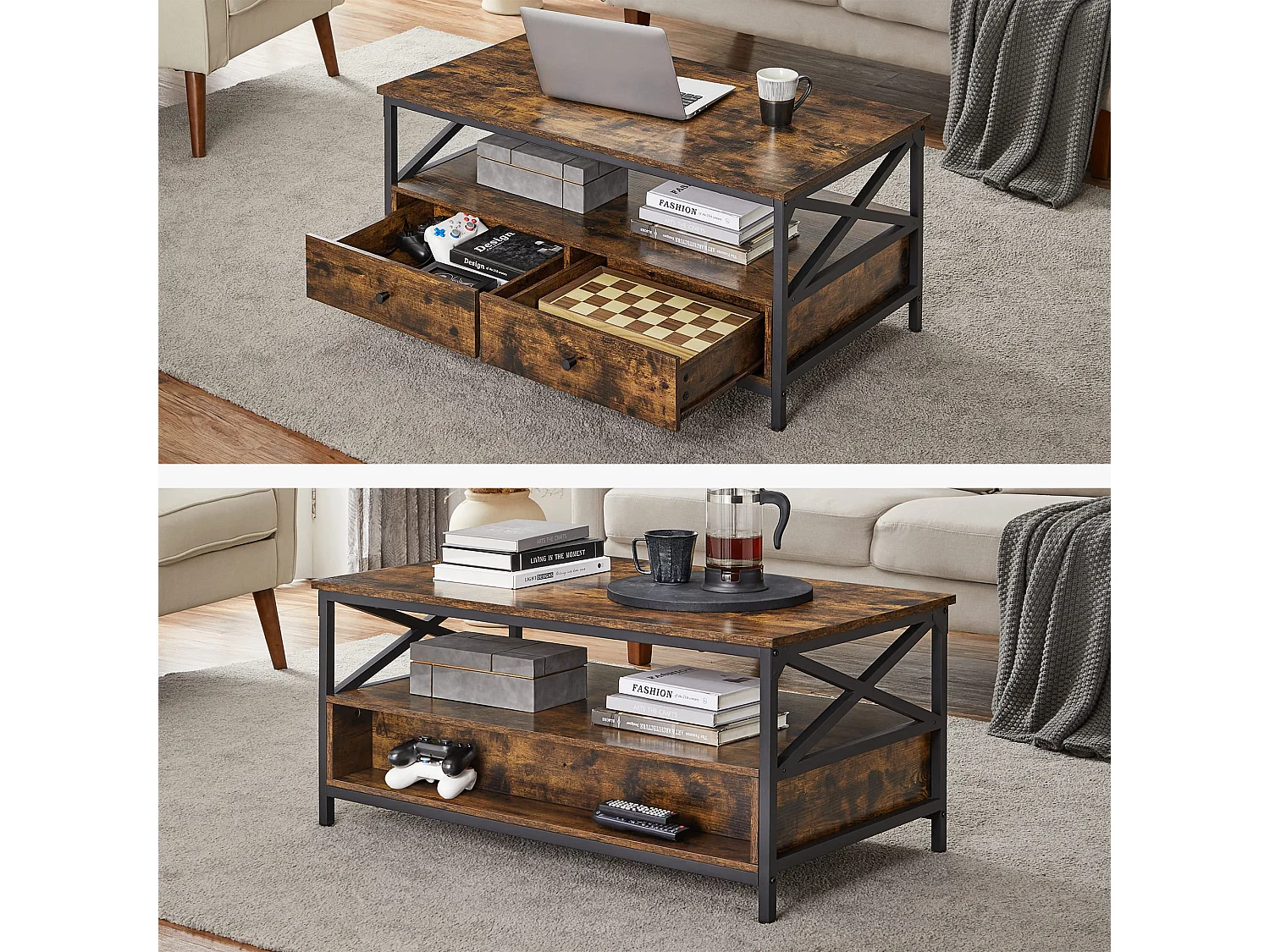 Table basse rustique marron Valora avec tiroirs et étagère pour le salon