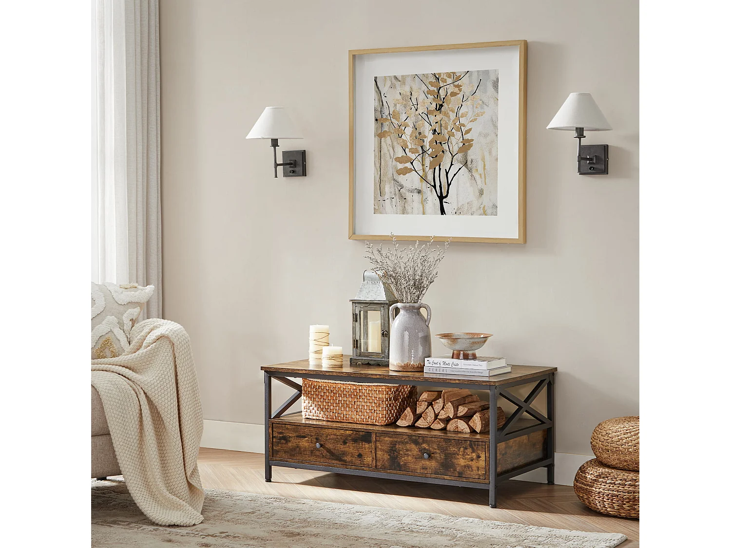 Mesa de centro rústica marrón Valora con cajones y estante para sala de estar