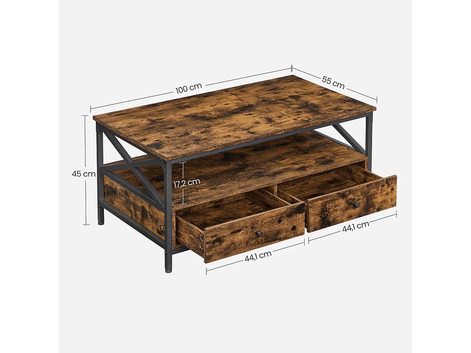 Mesa de centro rústica marrón Valora con cajones y estante para sala de estar