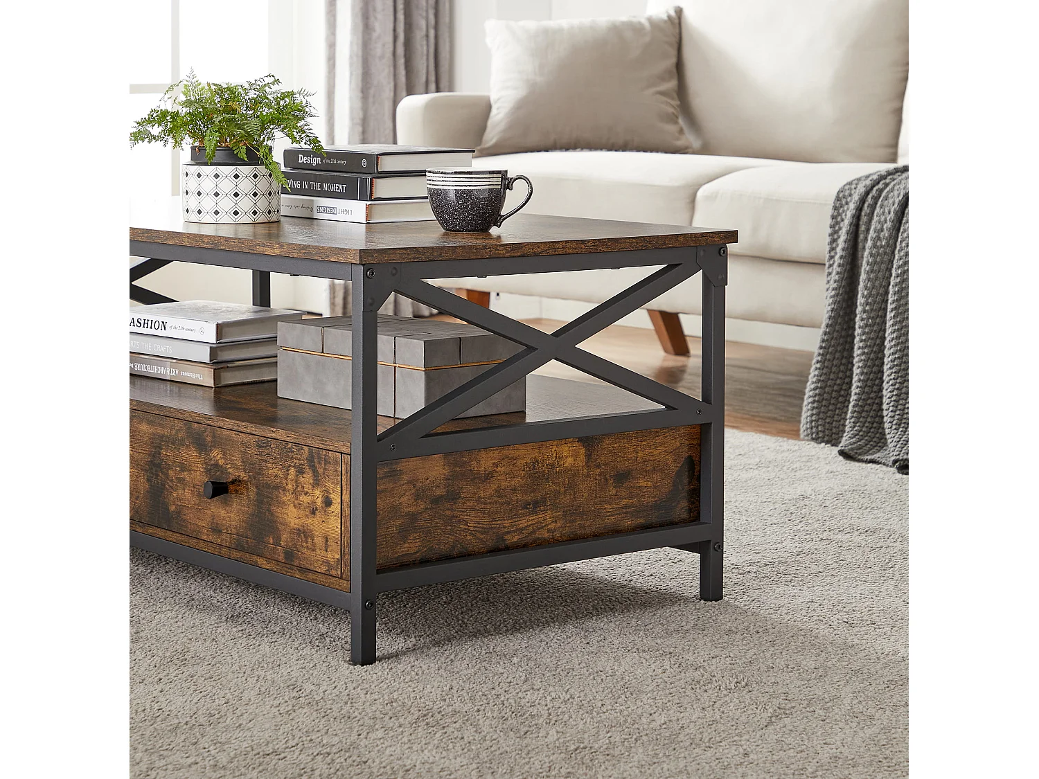 Mesa de centro rústica marrón Valora con cajones y estante para sala de estar