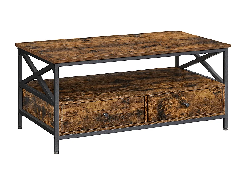 Table basse rustique marron Valora avec tiroirs et étagère pour le salon