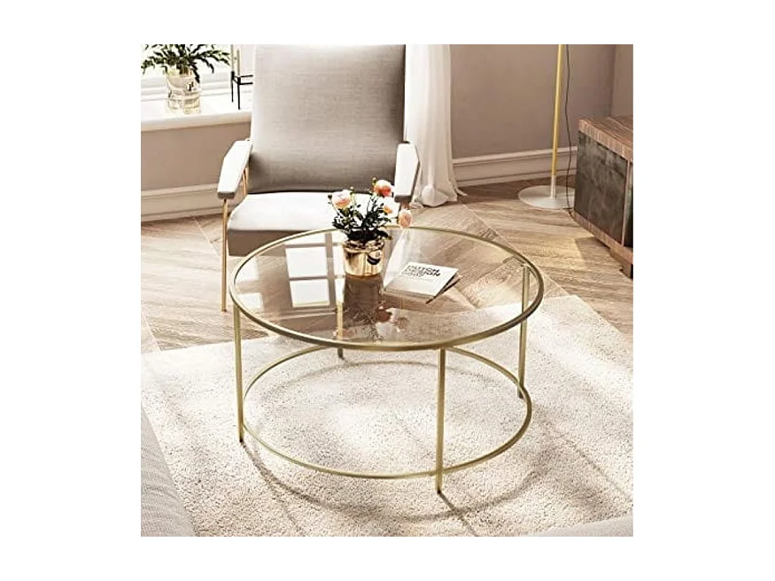 Table basse ronde Valora, cadre en acier doré avec plateau en verre