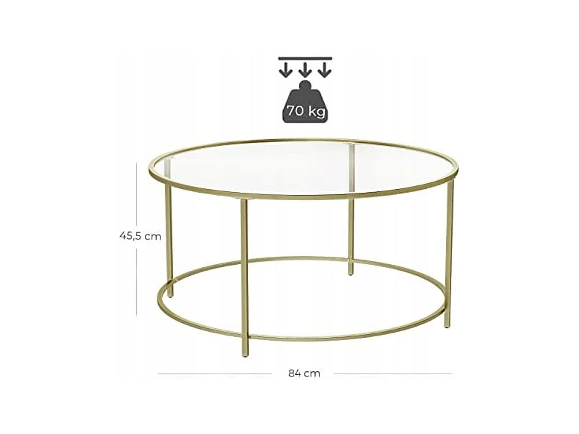 Table basse ronde Valora, cadre en acier doré avec plateau en verre