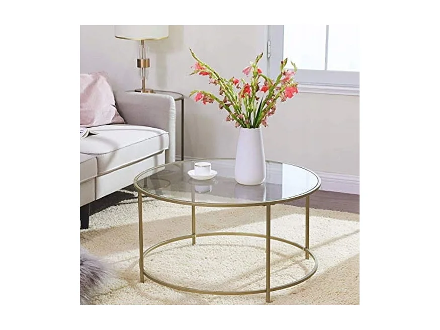 Table basse ronde Valora, cadre en acier doré avec plateau en verre