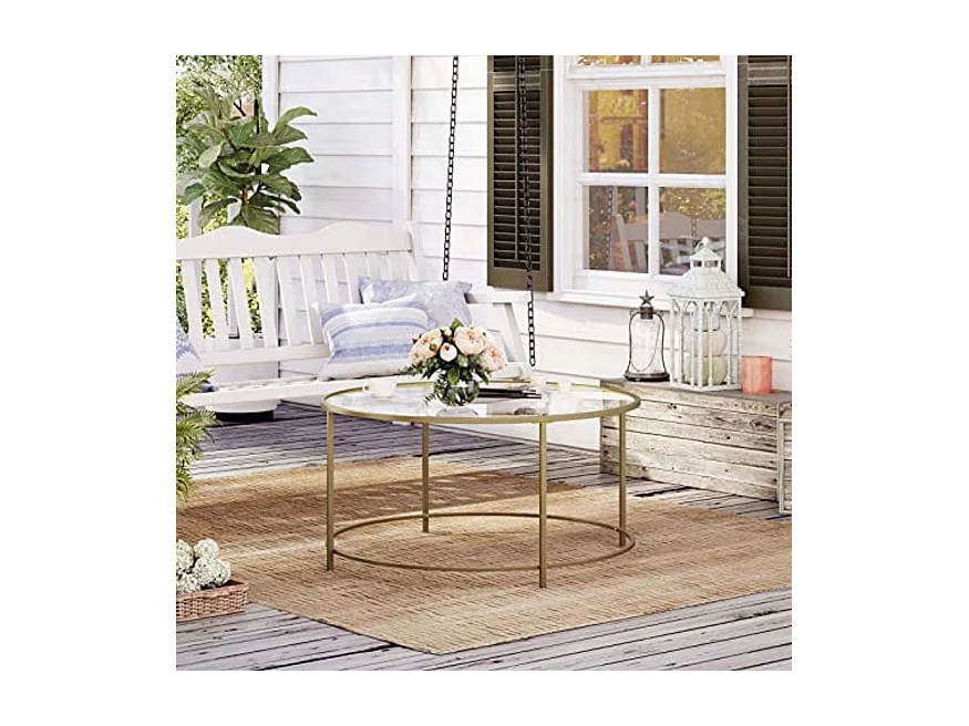 Table basse ronde Valora, cadre en acier doré avec plateau en verre