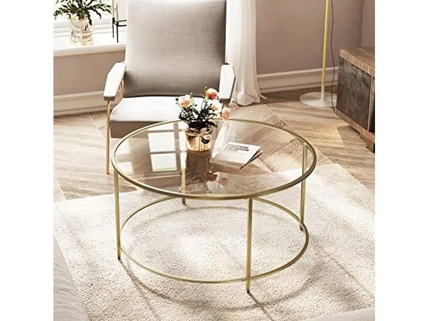 Table basse ronde Valora, cadre en acier doré avec plateau en verre