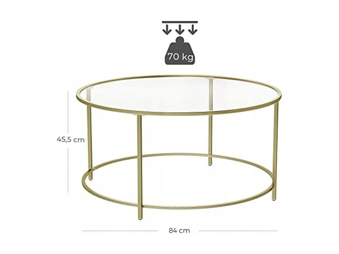 Table basse ronde Valora, cadre en acier doré avec plateau en verre
