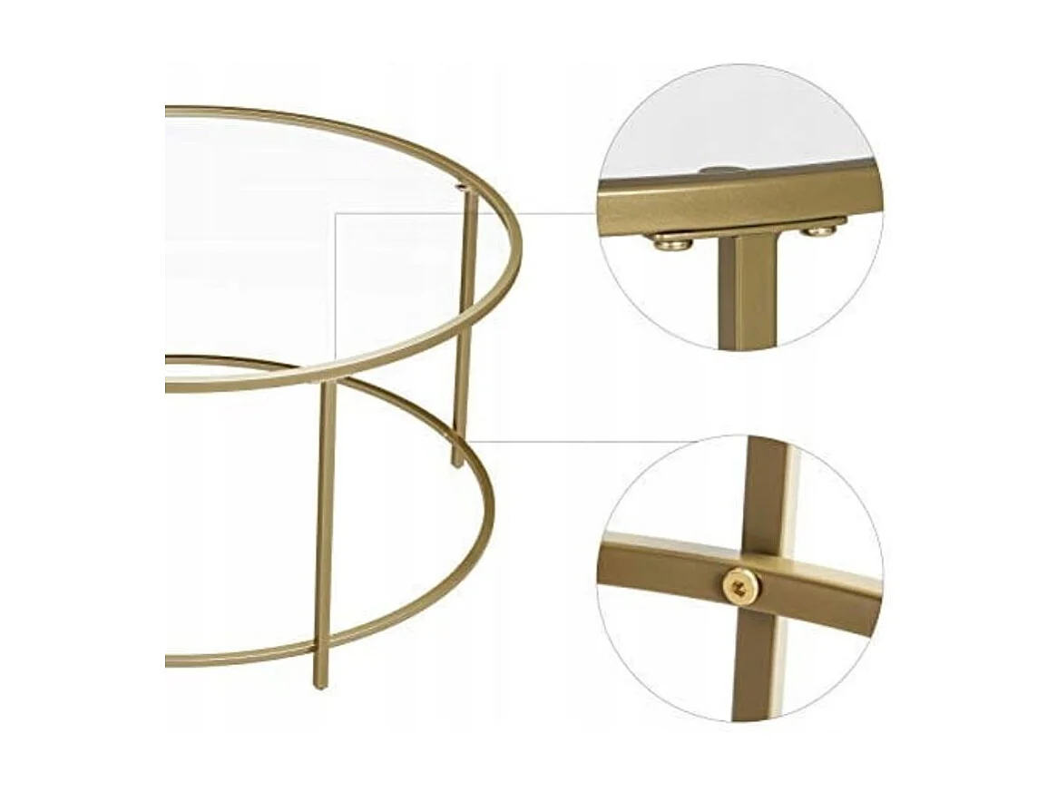 Table basse ronde Valora, cadre en acier doré avec plateau en verre