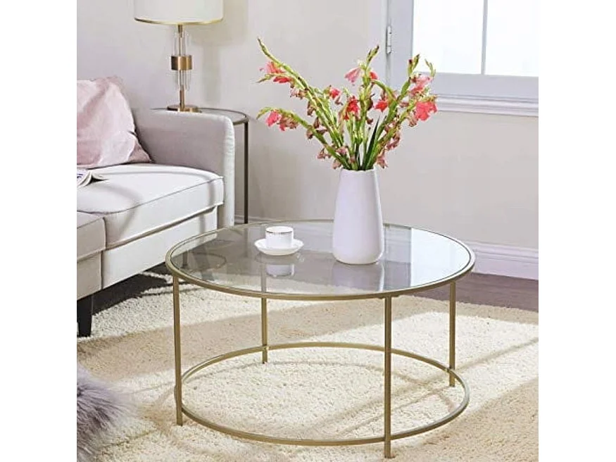 Table basse ronde Valora, cadre en acier doré avec plateau en verre