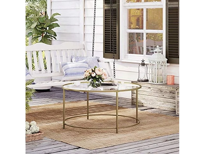 Table basse ronde Valora, cadre en acier doré avec plateau en verre