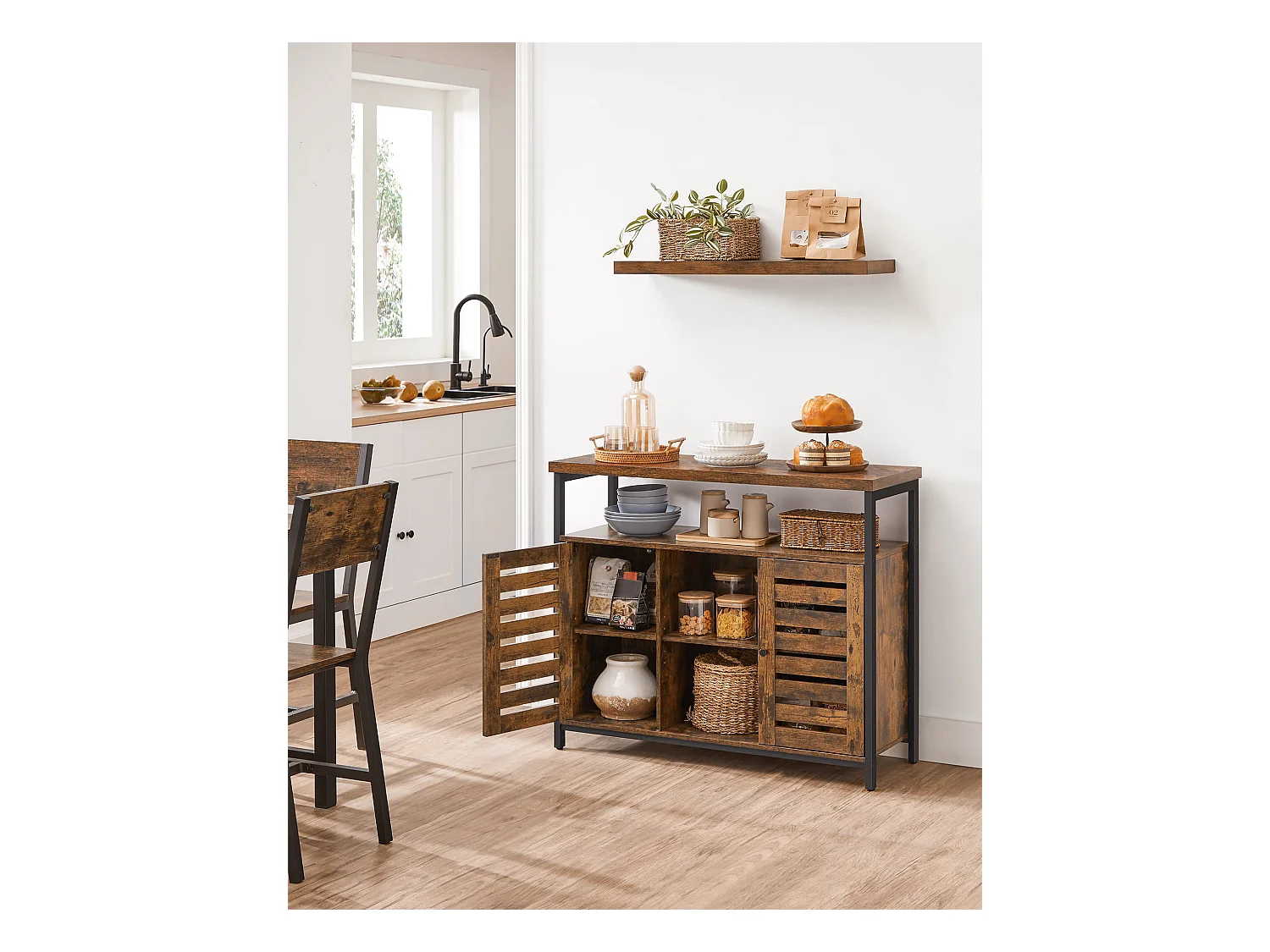 Commode rustique marron Valora avec étagères et cadre en acier