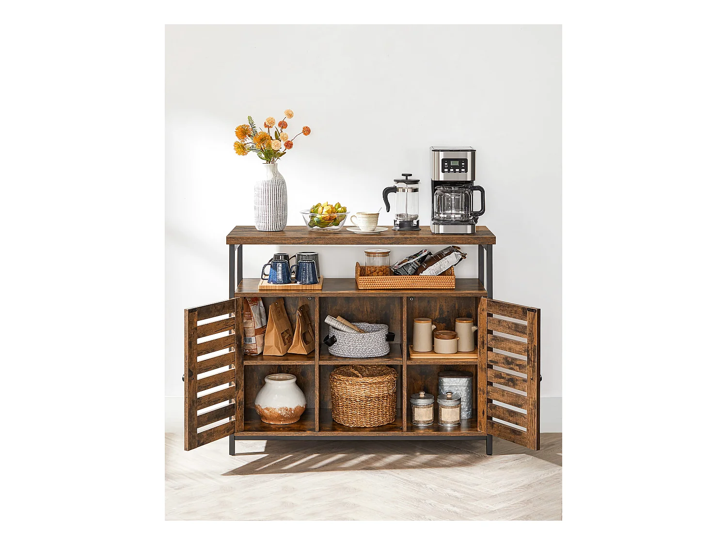 Commode rustique marron Valora avec étagères et cadre en acier