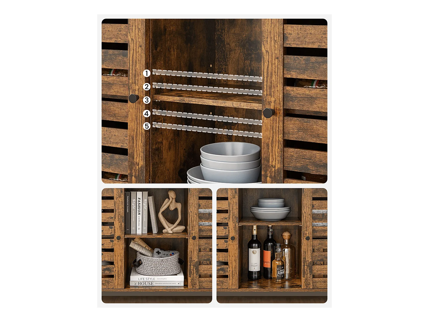 Commode rustique marron Valora avec étagères et cadre en acier