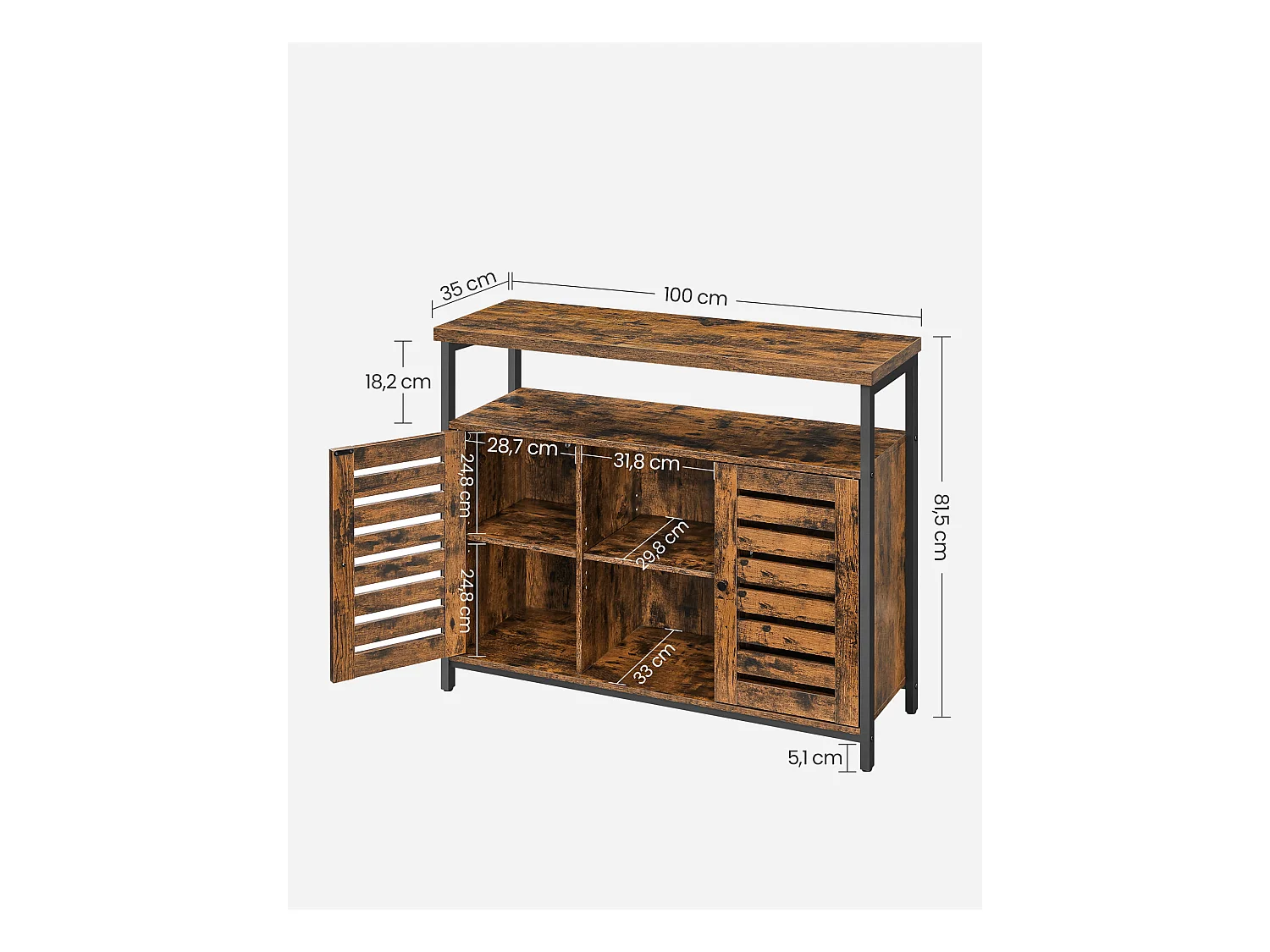 Commode rustique marron Valora avec étagères et cadre en acier