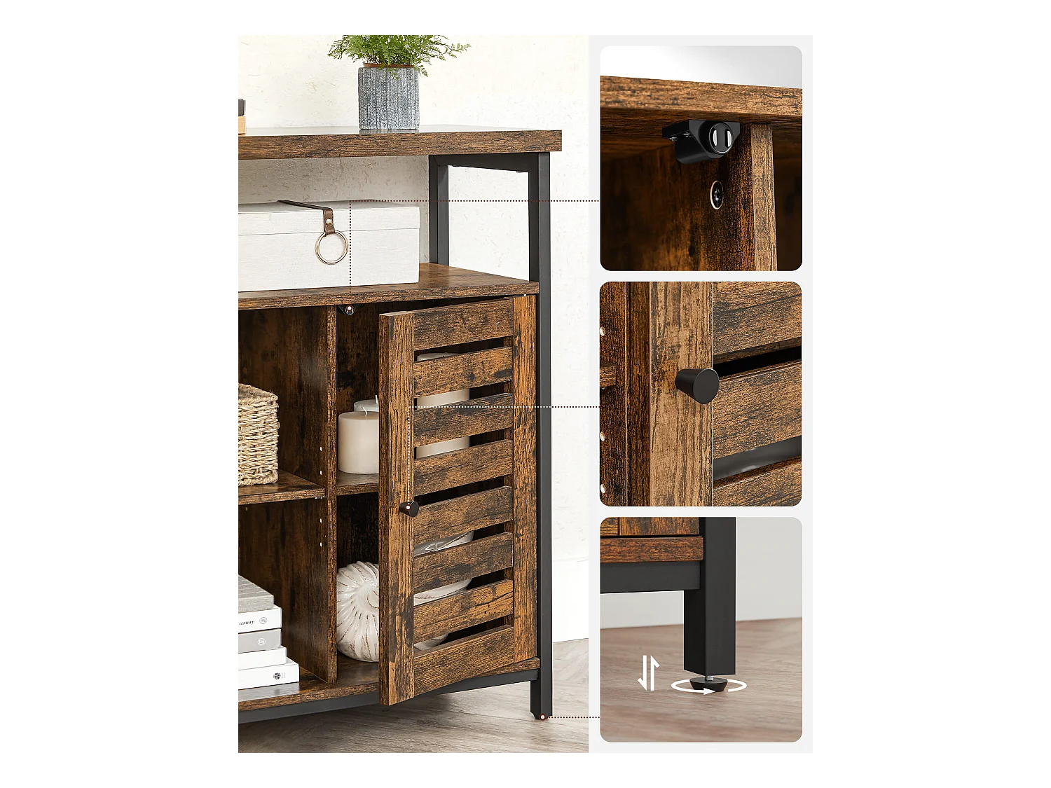 Commode rustique marron Valora avec étagères et cadre en acier