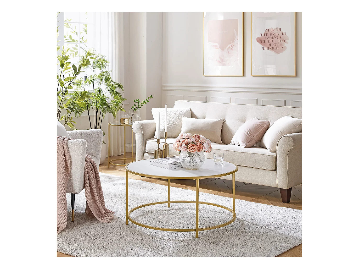 Table basse ronde Valora dorée et blanche Ø84 cm style loft