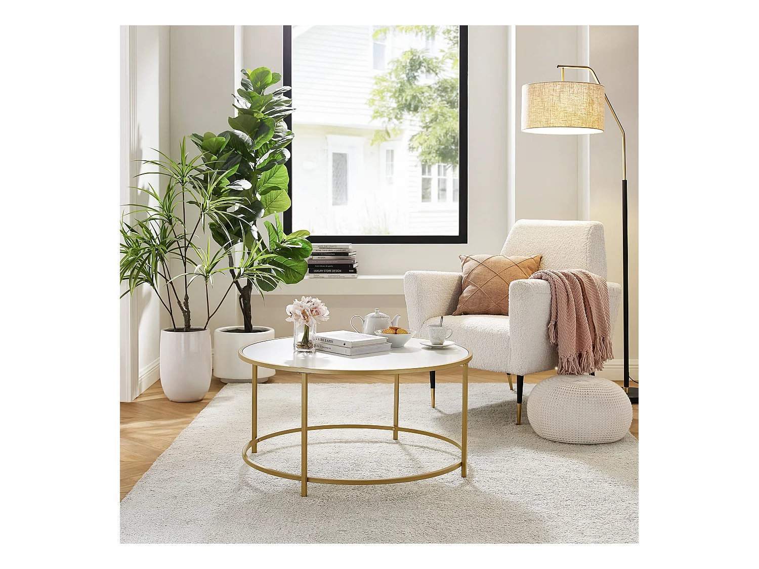 Table basse ronde Valora dorée et blanche Ø84 cm style loft