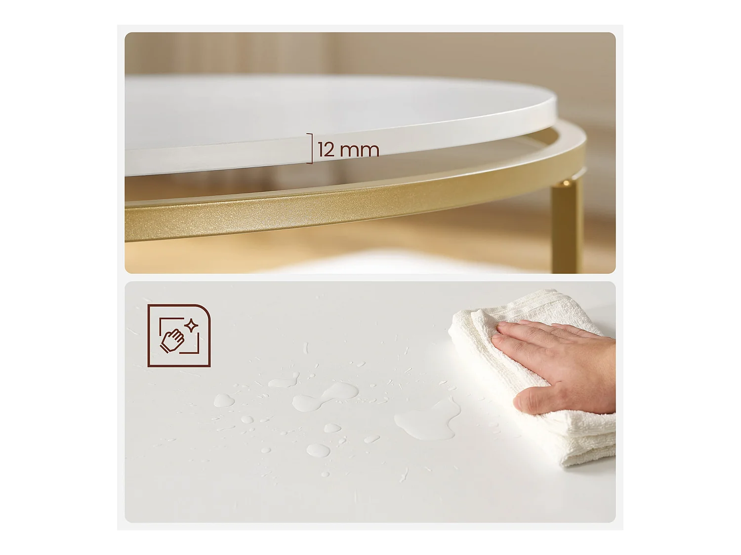 Table basse ronde Valora dorée et blanche Ø84 cm style loft