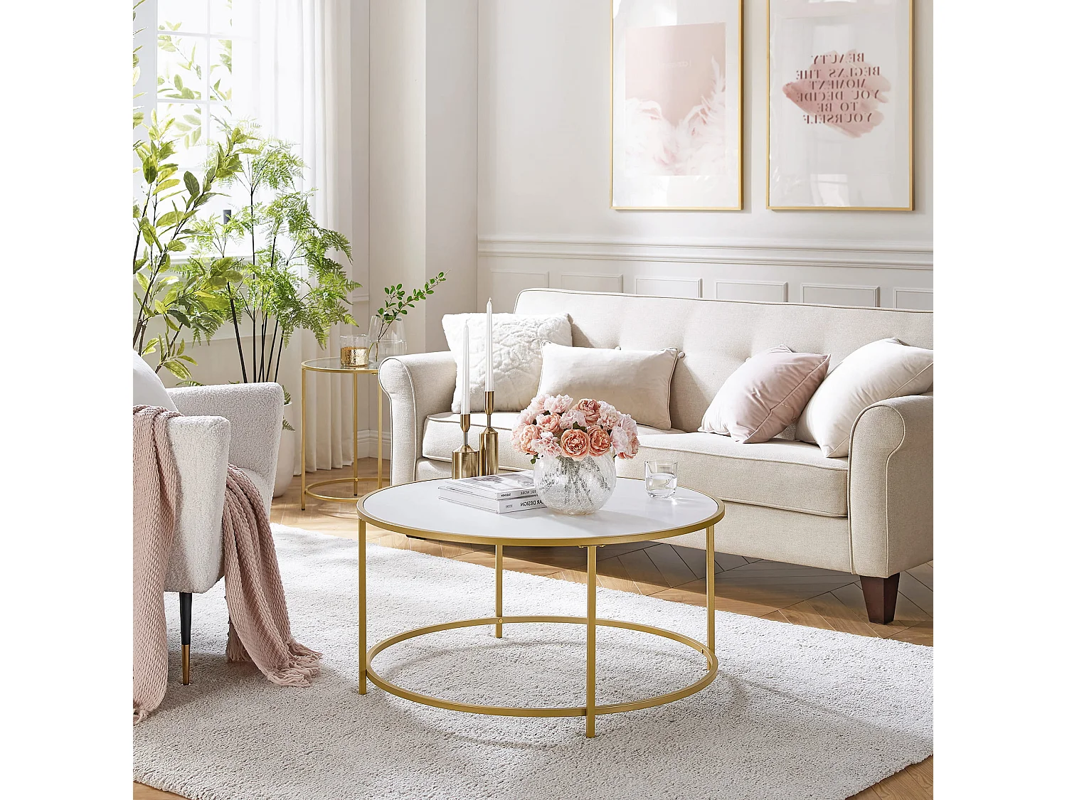 Mesa de centro redonda Valora dorada y blanca Ø84 cm estilo loft